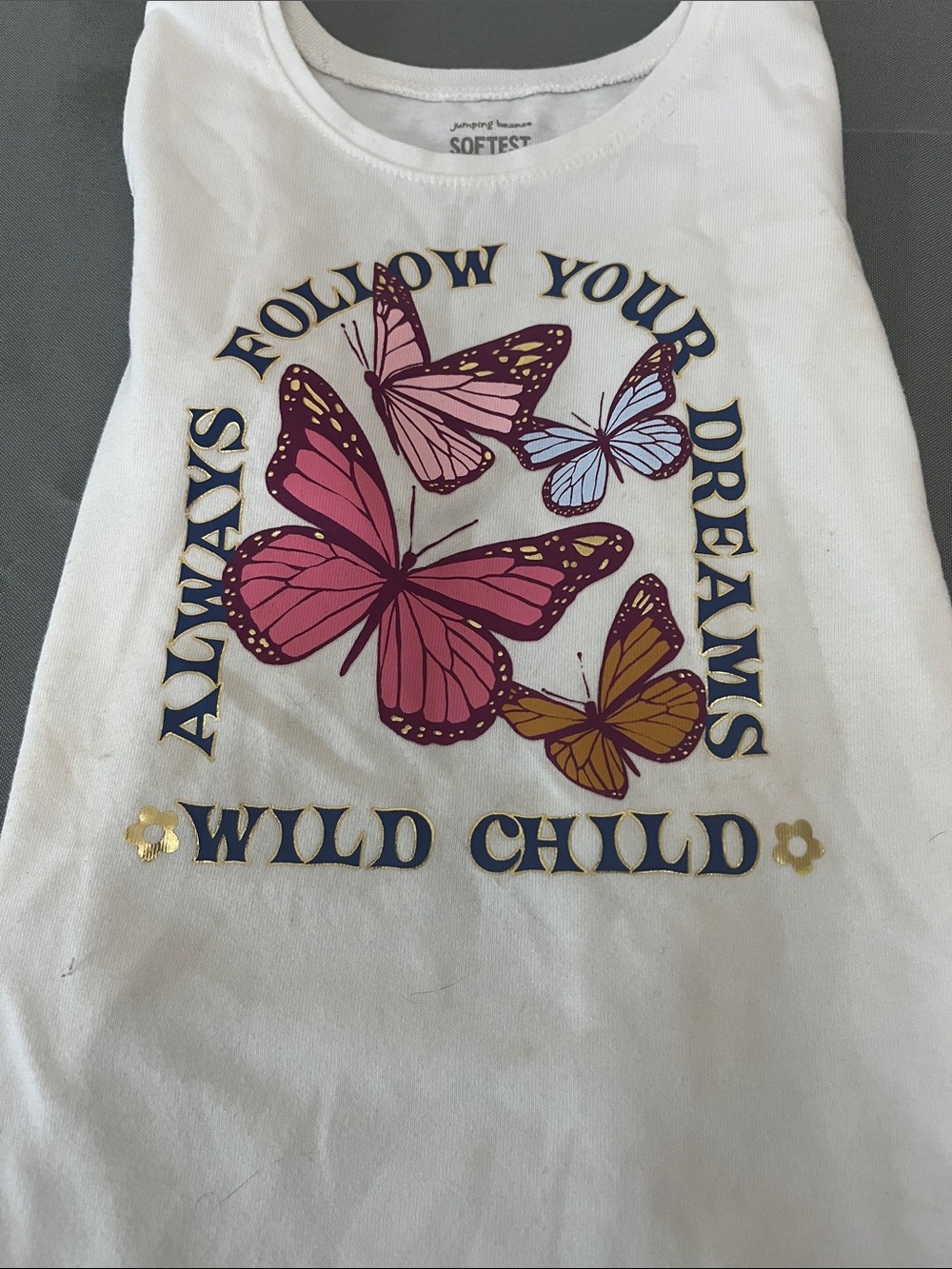jumping beans White Tee with Pink, Purple, Blue & Gold Butterfly Graphic